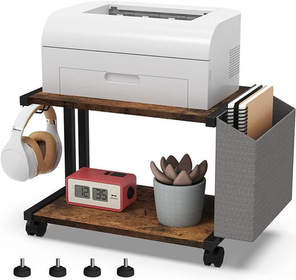 2 Tier Modern White Wooden Under Desk Printer Stand with Storage Bag for Home Office Desktop Printer Table Organizer Mobile Printer Shelf Cart with Caster Wheel (White)