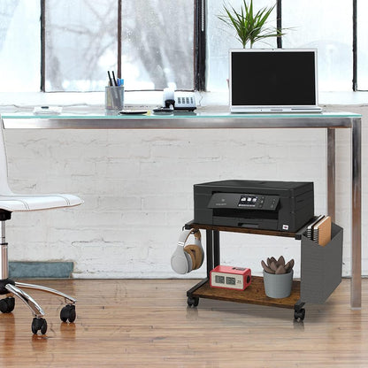 2 Tier Modern White Wooden Under Desk Printer Stand with Storage Bag for Home Office Desktop Printer Table Organizer Mobile Printer Shelf Cart with Caster Wheel (White)