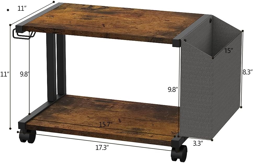 2 Tier Modern White Wooden Under Desk Printer Stand with Storage Bag for Home Office Desktop Printer Table Organizer Mobile Printer Shelf Cart with Caster Wheel (White)