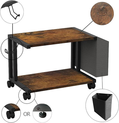 2 Tier Modern White Wooden Under Desk Printer Stand with Storage Bag for Home Office Desktop Printer Table Organizer Mobile Printer Shelf Cart with Caster Wheel (White)