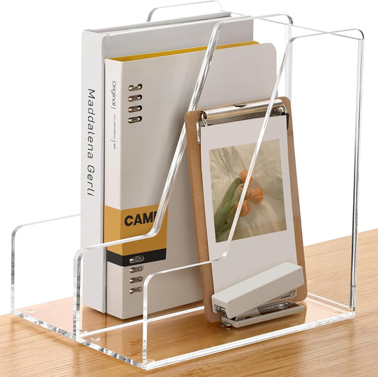Acrylic Magazine File Holder Desk Organizer Magazine Rack, Clear, Vertical File Sorter Holders, 9.45" D x 3.54" W x 10.24" H