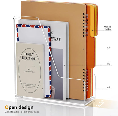 Acrylic Magazine File Holder Desk Organizer Magazine Rack, Clear, Vertical File Sorter Holders, 9.45" D x 3.54" W x 10.24" H