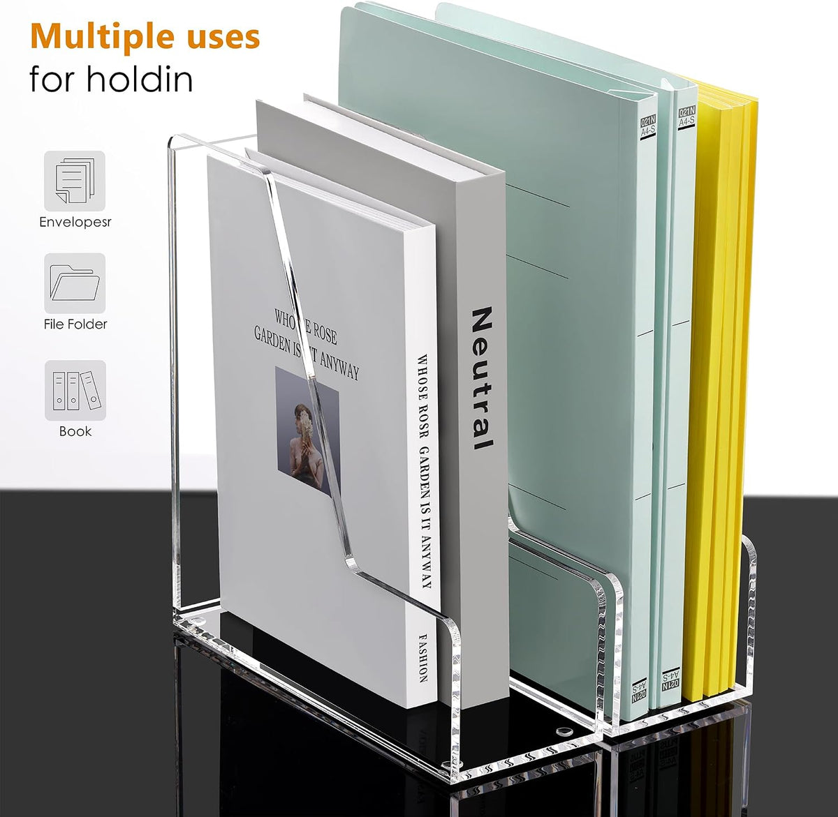 Acrylic Magazine File Holder Desk Organizer Magazine Rack, Clear, Vertical File Sorter Holders, 9.45" D x 3.54" W x 10.24" H