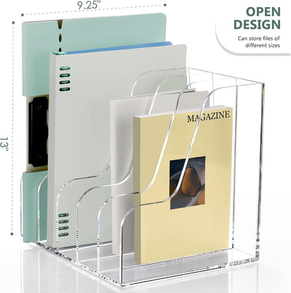 Acrylic Magazine File Holder Desk Organizer Magazine Rack, Clear, Vertical File Sorter Holders, 9.45" D x 3.54" W x 10.24" H