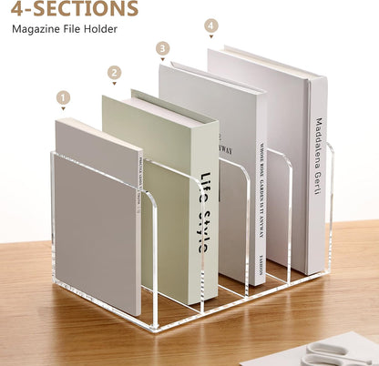 Acrylic Magazine File Holder Desk Organizer Magazine Rack, Clear, Vertical File Sorter Holders, 9.45" D x 3.54" W x 10.24" H