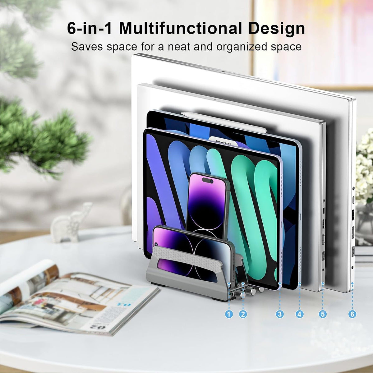 6-Slot Vertical Laptop Stand & Holder –Adjustable Aluminum Laptop Stand Vertical for Desk Fits 6 Devices, MacBook & Gaming Laptops (Up to 17.3”)–Space Saving Laptop Storage Rack - Grey