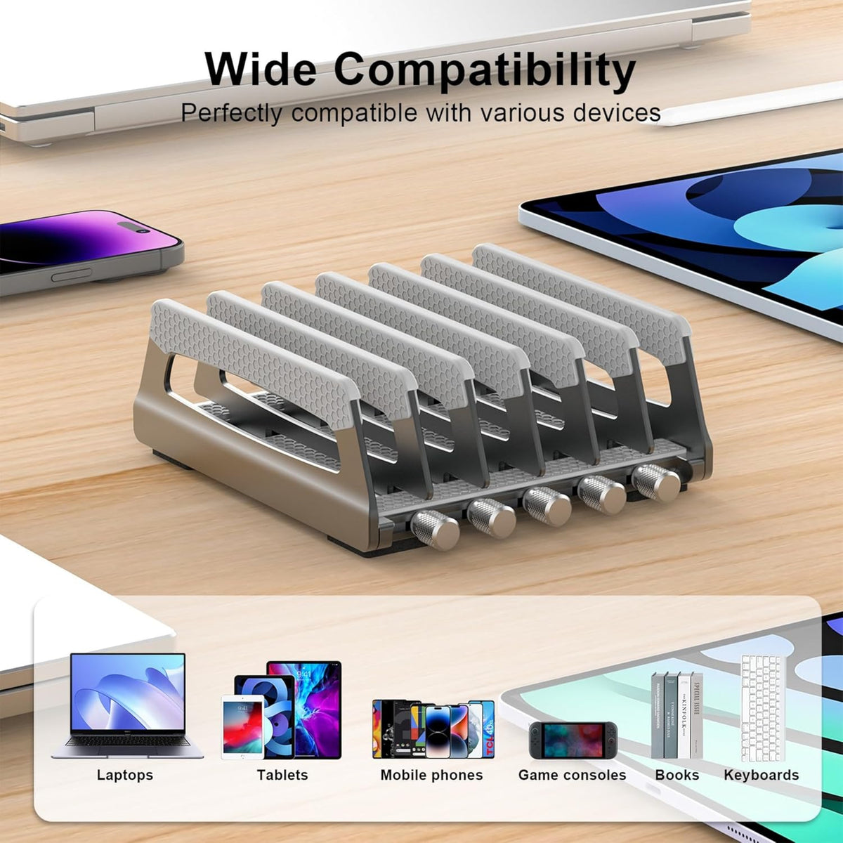 6-Slot Vertical Laptop Stand & Holder –Adjustable Aluminum Laptop Stand Vertical for Desk Fits 6 Devices, MacBook & Gaming Laptops (Up to 17.3”)–Space Saving Laptop Storage Rack - Grey