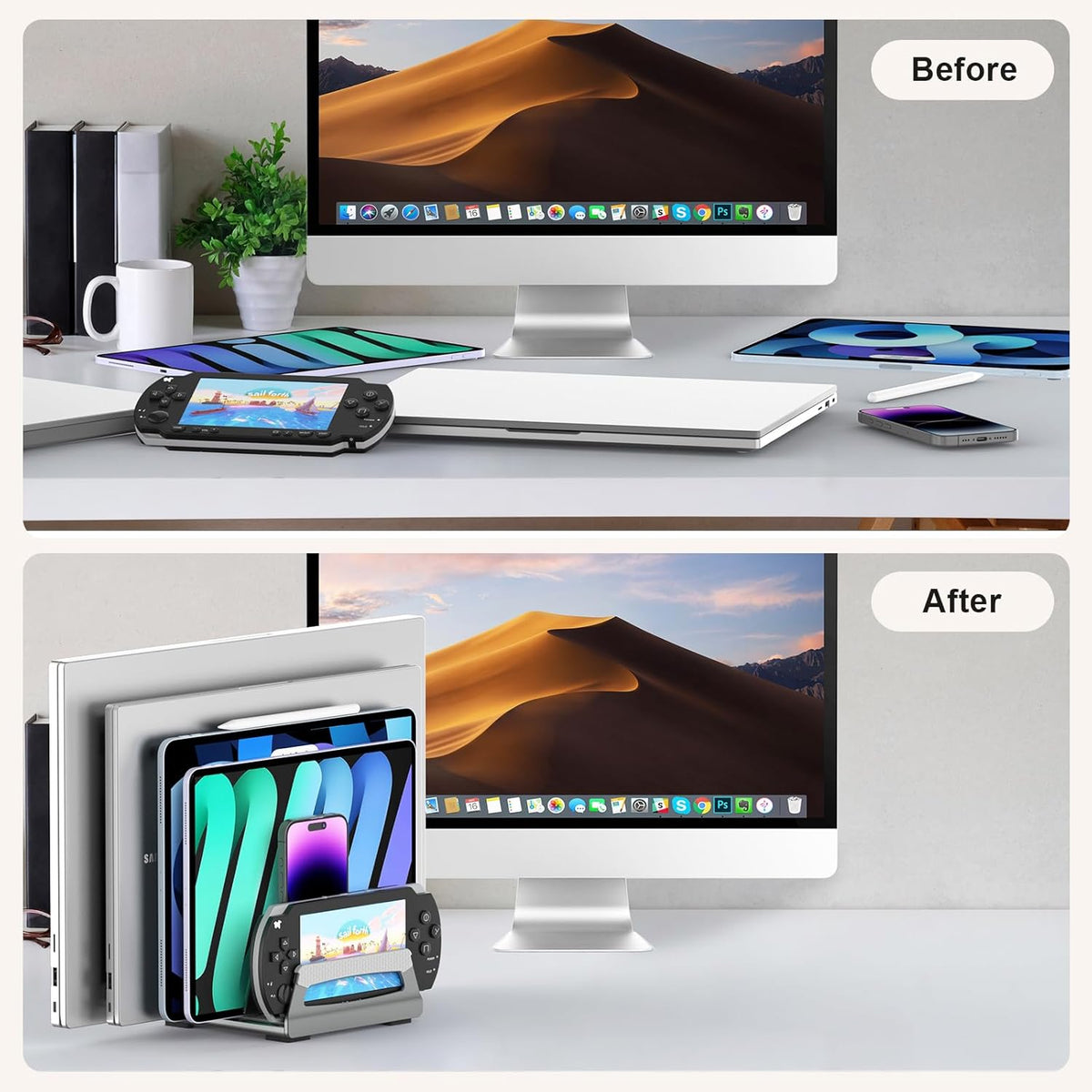 6-Slot Vertical Laptop Stand & Holder –Adjustable Aluminum Laptop Stand Vertical for Desk Fits 6 Devices, MacBook & Gaming Laptops (Up to 17.3”)–Space Saving Laptop Storage Rack - Grey