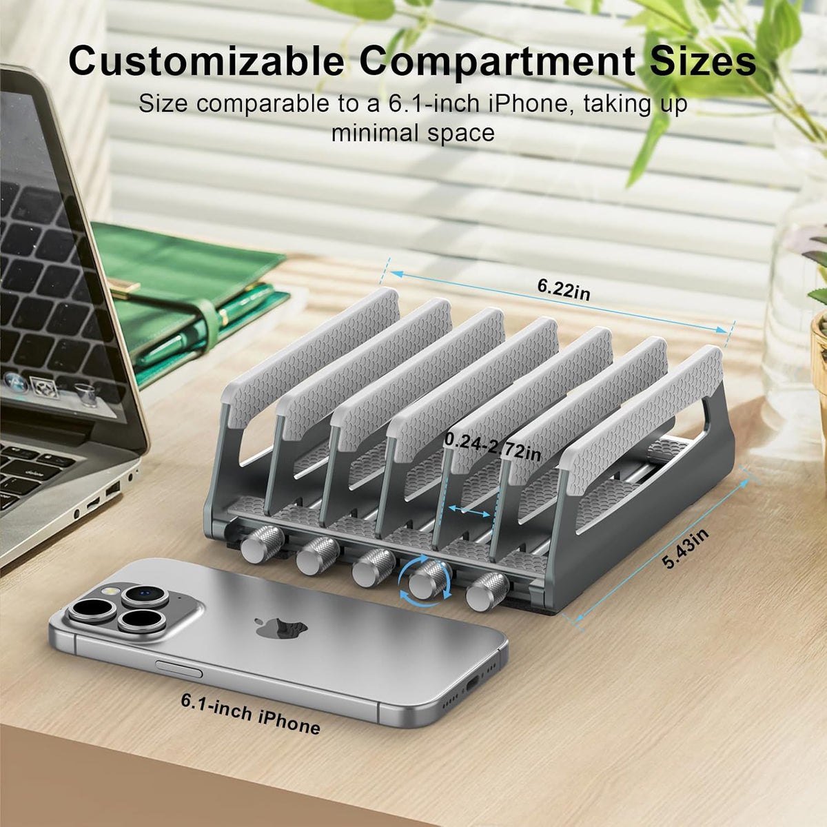 6-Slot Vertical Laptop Stand & Holder –Adjustable Aluminum Laptop Stand Vertical for Desk Fits 6 Devices, MacBook & Gaming Laptops (Up to 17.3”)–Space Saving Laptop Storage Rack - Grey