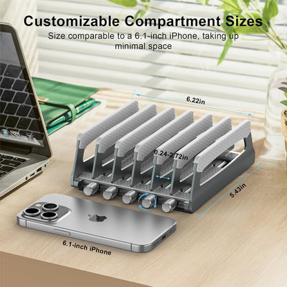 6-Slot Vertical Laptop Stand & Holder –Adjustable Aluminum Laptop Stand Vertical for Desk Fits 6 Devices, MacBook & Gaming Laptops (Up to 17.3”)–Space Saving Laptop Storage Rack - Grey
