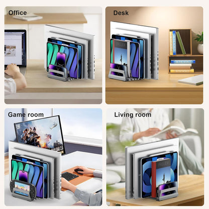 6-Slot Vertical Laptop Stand & Holder –Adjustable Aluminum Laptop Stand Vertical for Desk Fits 6 Devices, MacBook & Gaming Laptops (Up to 17.3”)–Space Saving Laptop Storage Rack - Grey