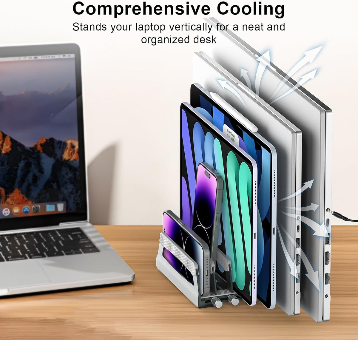 6-Slot Vertical Laptop Stand & Holder –Adjustable Aluminum Laptop Stand Vertical for Desk Fits 6 Devices, MacBook & Gaming Laptops (Up to 17.3”)–Space Saving Laptop Storage Rack - Grey
