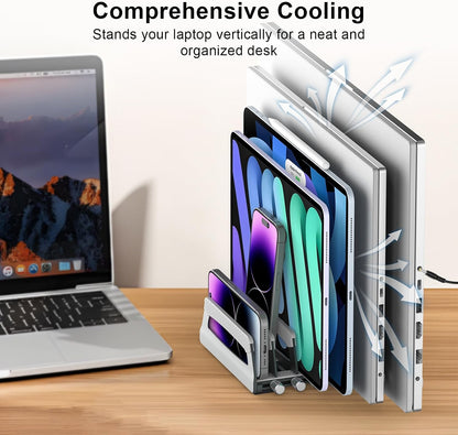 6-Slot Vertical Laptop Stand & Holder –Adjustable Aluminum Laptop Stand Vertical for Desk Fits 6 Devices, MacBook & Gaming Laptops (Up to 17.3”)–Space Saving Laptop Storage Rack - Grey