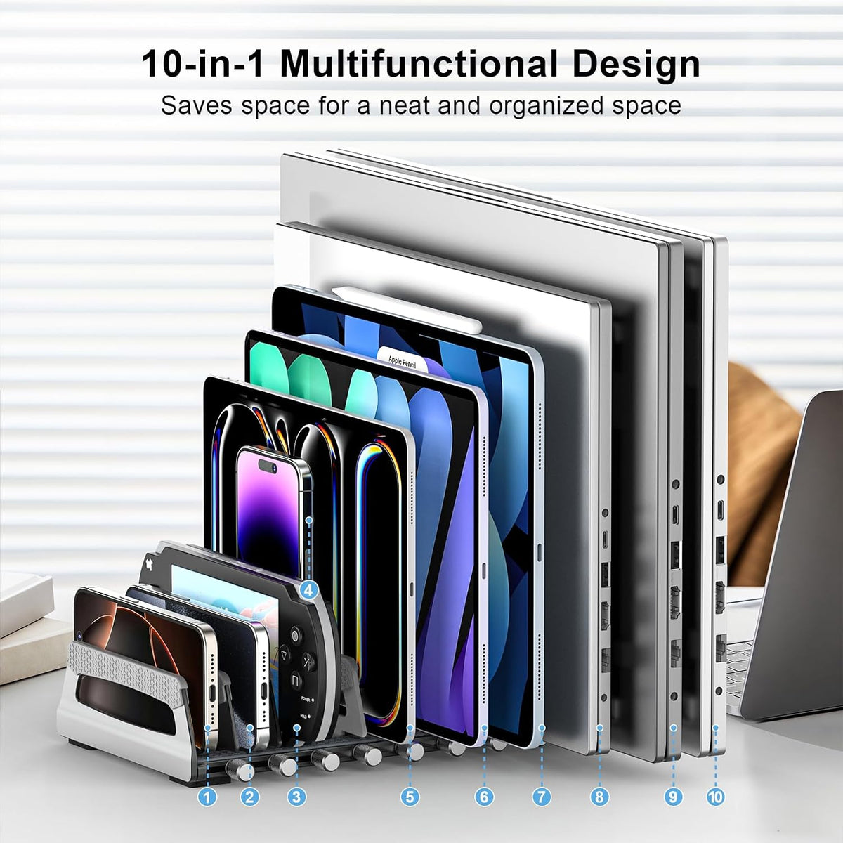 6-Slot Vertical Laptop Stand & Holder –Adjustable Aluminum Laptop Stand Vertical for Desk Fits 6 Devices, MacBook & Gaming Laptops (Up to 17.3”)–Space Saving Laptop Storage Rack - Grey