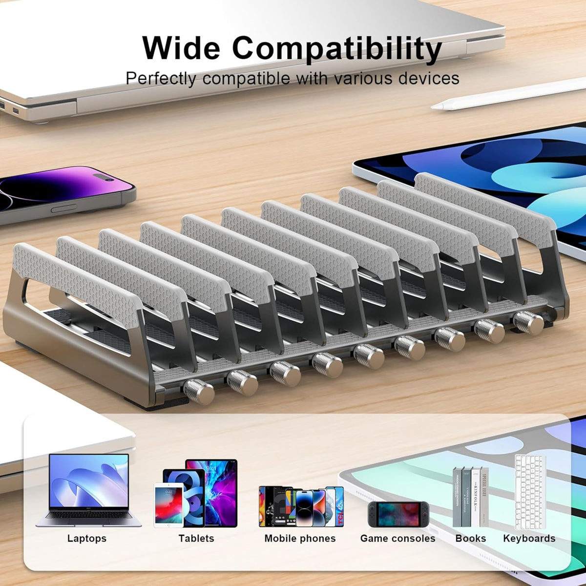 6-Slot Vertical Laptop Stand & Holder –Adjustable Aluminum Laptop Stand Vertical for Desk Fits 6 Devices, MacBook & Gaming Laptops (Up to 17.3”)–Space Saving Laptop Storage Rack - Grey