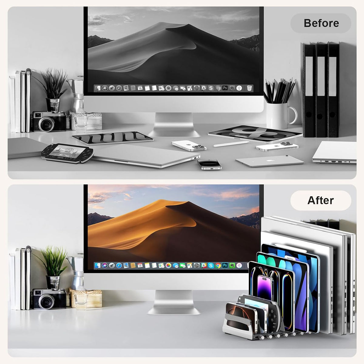 6-Slot Vertical Laptop Stand & Holder –Adjustable Aluminum Laptop Stand Vertical for Desk Fits 6 Devices, MacBook & Gaming Laptops (Up to 17.3”)–Space Saving Laptop Storage Rack - Grey