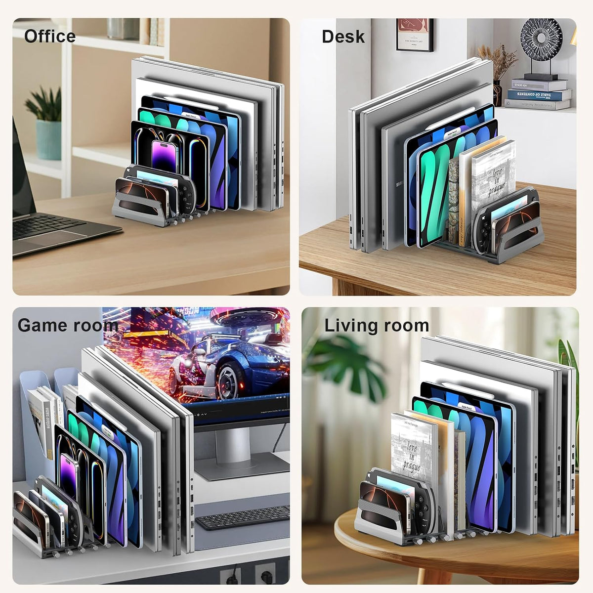 6-Slot Vertical Laptop Stand & Holder –Adjustable Aluminum Laptop Stand Vertical for Desk Fits 6 Devices, MacBook & Gaming Laptops (Up to 17.3”)–Space Saving Laptop Storage Rack - Grey