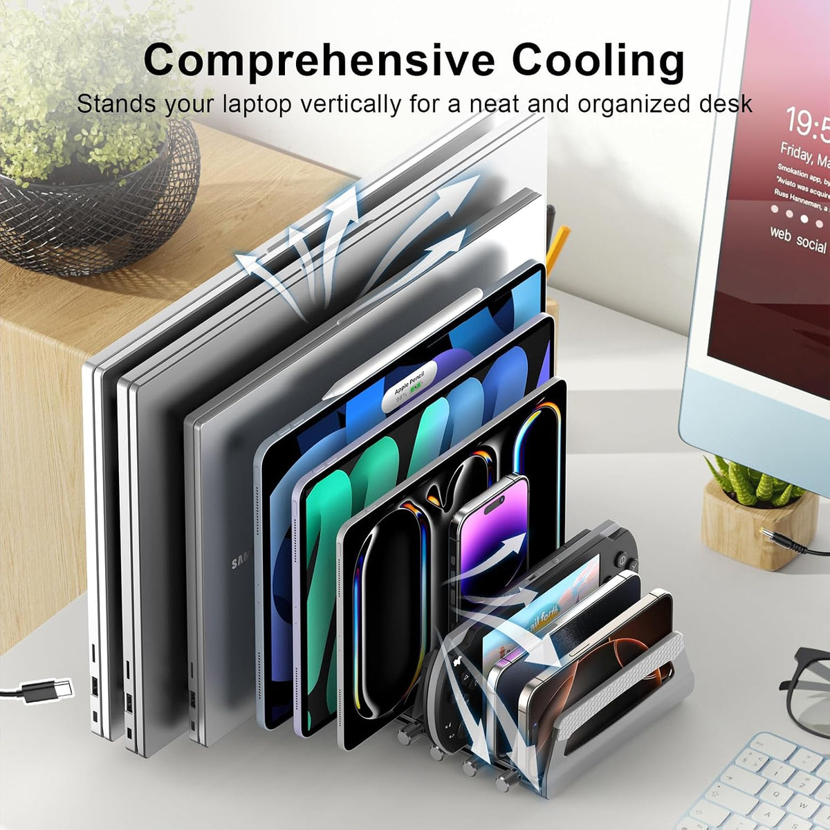 6-Slot Vertical Laptop Stand & Holder –Adjustable Aluminum Laptop Stand Vertical for Desk Fits 6 Devices, MacBook & Gaming Laptops (Up to 17.3”)–Space Saving Laptop Storage Rack - Grey
