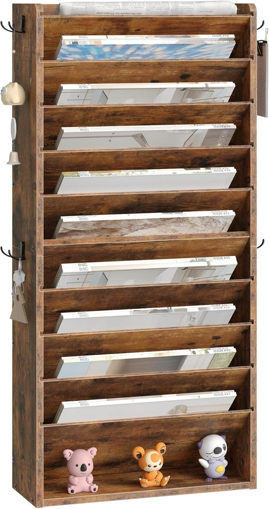 Wall File Organizer, 10-Tier Hanging Mail Organizer, Wall Mount File Holder with 4 Side Hooks, Mail and Storage Organizer, Wooden Vertical Hanging Holder for Office, Rustic Brown MWJ03FG