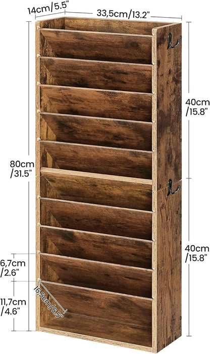 Wall File Organizer, 10-Tier Hanging Mail Organizer, Wall Mount File Holder with 4 Side Hooks, Mail and Storage Organizer, Wooden Vertical Hanging Holder for Office, Rustic Brown MWJ03FG
