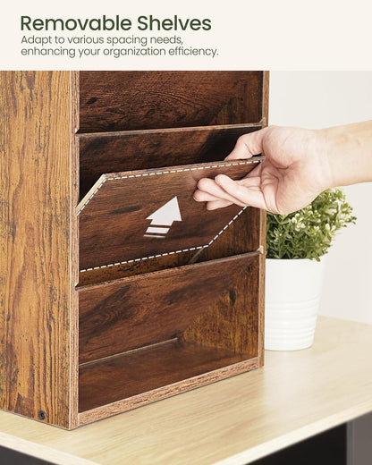 Wall File Organizer, 10-Tier Hanging Mail Organizer, Wall Mount File Holder with 4 Side Hooks, Mail and Storage Organizer, Wooden Vertical Hanging Holder for Office, Rustic Brown MWJ03FG