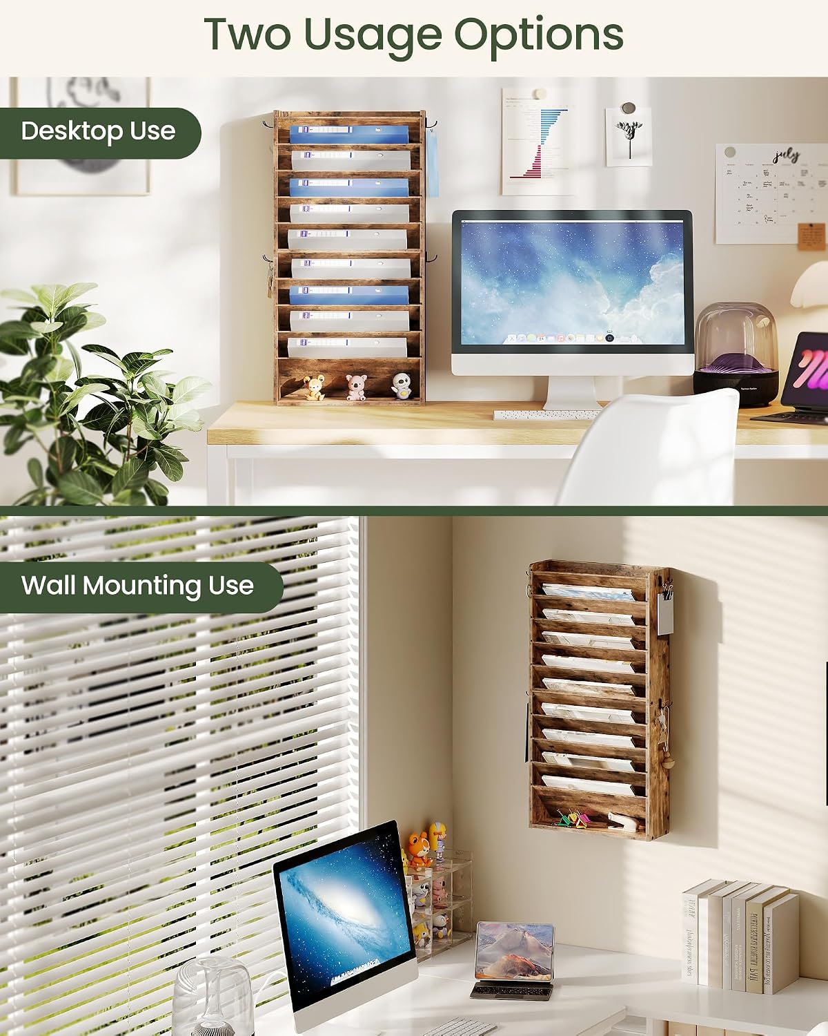 Wall File Organizer, 10-Tier Hanging Mail Organizer, Wall Mount File Holder with 4 Side Hooks, Mail and Storage Organizer, Wooden Vertical Hanging Holder for Office, Rustic Brown MWJ03FG