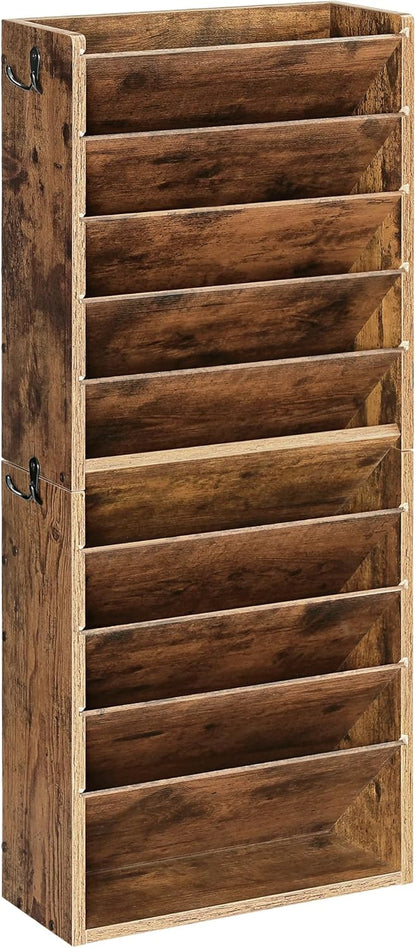 Wall File Organizer, 10-Tier Hanging Mail Organizer, Wall Mount File Holder with 4 Side Hooks, Mail and Storage Organizer, Wooden Vertical Hanging Holder for Office, Rustic Brown MWJ03FG