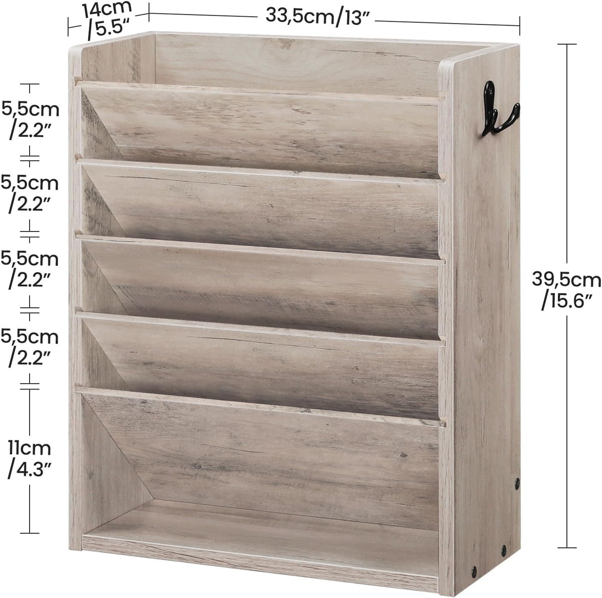 Wall File Organizer, 10-Tier Hanging Mail Organizer, Wall Mount File Holder with 4 Side Hooks, Mail and Storage Organizer, Wooden Vertical Hanging Holder for Office, Rustic Brown MWJ03FG