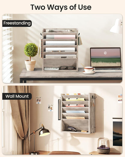Wall File Organizer, 10-Tier Hanging Mail Organizer, Wall Mount File Holder with 4 Side Hooks, Mail and Storage Organizer, Wooden Vertical Hanging Holder for Office, Rustic Brown MWJ03FG