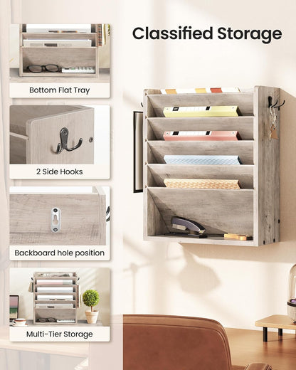 Wall File Organizer, 10-Tier Hanging Mail Organizer, Wall Mount File Holder with 4 Side Hooks, Mail and Storage Organizer, Wooden Vertical Hanging Holder for Office, Rustic Brown MWJ03FG