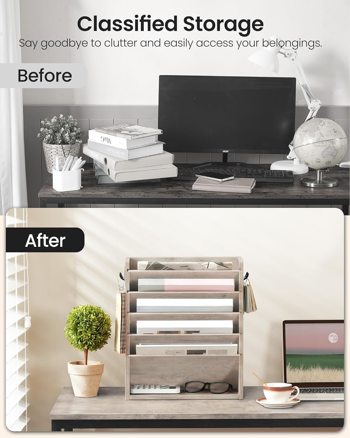 Wall File Organizer, 10-Tier Hanging Mail Organizer, Wall Mount File Holder with 4 Side Hooks, Mail and Storage Organizer, Wooden Vertical Hanging Holder for Office, Rustic Brown MWJ03FG