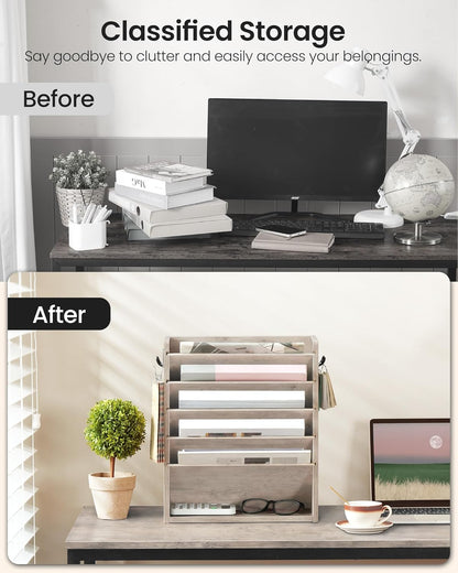 Wall File Organizer, 10-Tier Hanging Mail Organizer, Wall Mount File Holder with 4 Side Hooks, Mail and Storage Organizer, Wooden Vertical Hanging Holder for Office, Rustic Brown MWJ03FG