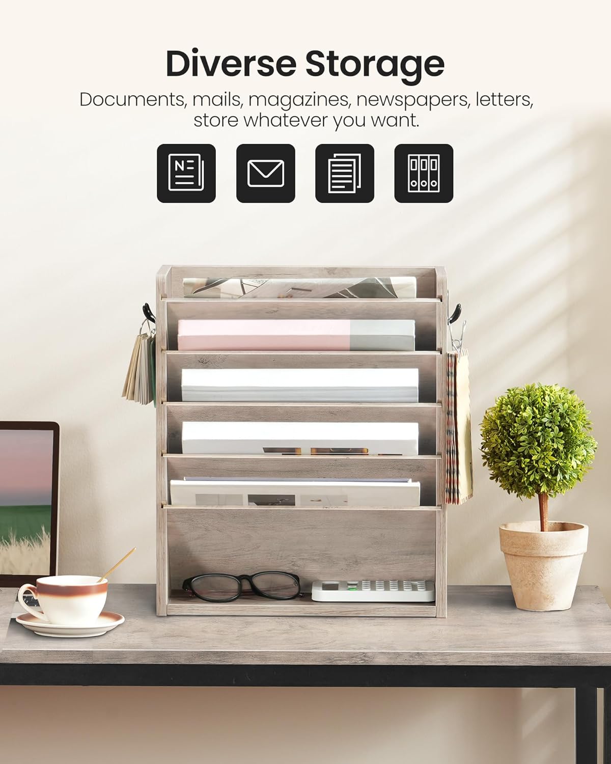 Wall File Organizer, 10-Tier Hanging Mail Organizer, Wall Mount File Holder with 4 Side Hooks, Mail and Storage Organizer, Wooden Vertical Hanging Holder for Office, Rustic Brown MWJ03FG