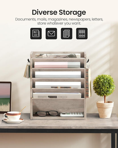 Wall File Organizer, 10-Tier Hanging Mail Organizer, Wall Mount File Holder with 4 Side Hooks, Mail and Storage Organizer, Wooden Vertical Hanging Holder for Office, Rustic Brown MWJ03FG