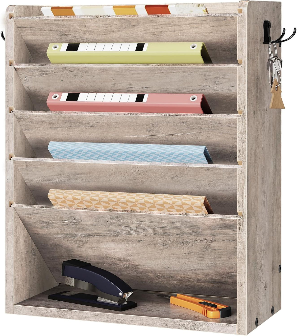 Wall File Organizer, 10-Tier Hanging Mail Organizer, Wall Mount File Holder with 4 Side Hooks, Mail and Storage Organizer, Wooden Vertical Hanging Holder for Office, Rustic Brown MWJ03FG