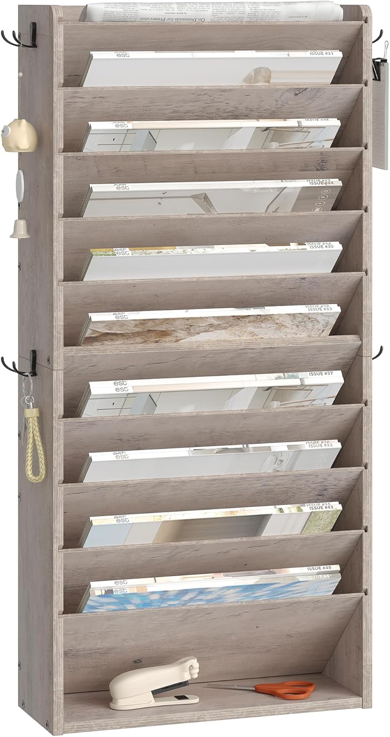 Wall File Organizer, 10-Tier Hanging Mail Organizer, Wall Mount File Holder with 4 Side Hooks, Mail and Storage Organizer, Wooden Vertical Hanging Holder for Office, Rustic Brown MWJ03FG