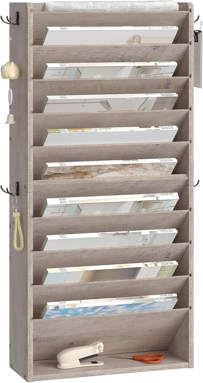 Wall File Organizer, 10-Tier Hanging Mail Organizer, Wall Mount File Holder with 4 Side Hooks, Mail and Storage Organizer, Wooden Vertical Hanging Holder for Office, Rustic Brown MWJ03FG