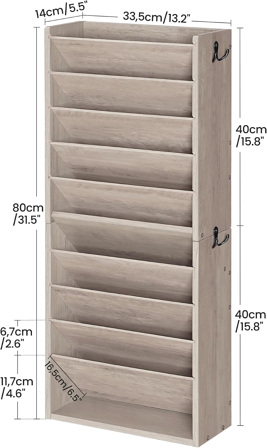 Wall File Organizer, 10-Tier Hanging Mail Organizer, Wall Mount File Holder with 4 Side Hooks, Mail and Storage Organizer, Wooden Vertical Hanging Holder for Office, Rustic Brown MWJ03FG