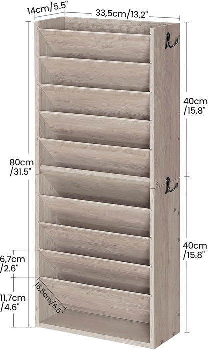 Wall File Organizer, 10-Tier Hanging Mail Organizer, Wall Mount File Holder with 4 Side Hooks, Mail and Storage Organizer, Wooden Vertical Hanging Holder for Office, Rustic Brown MWJ03FG