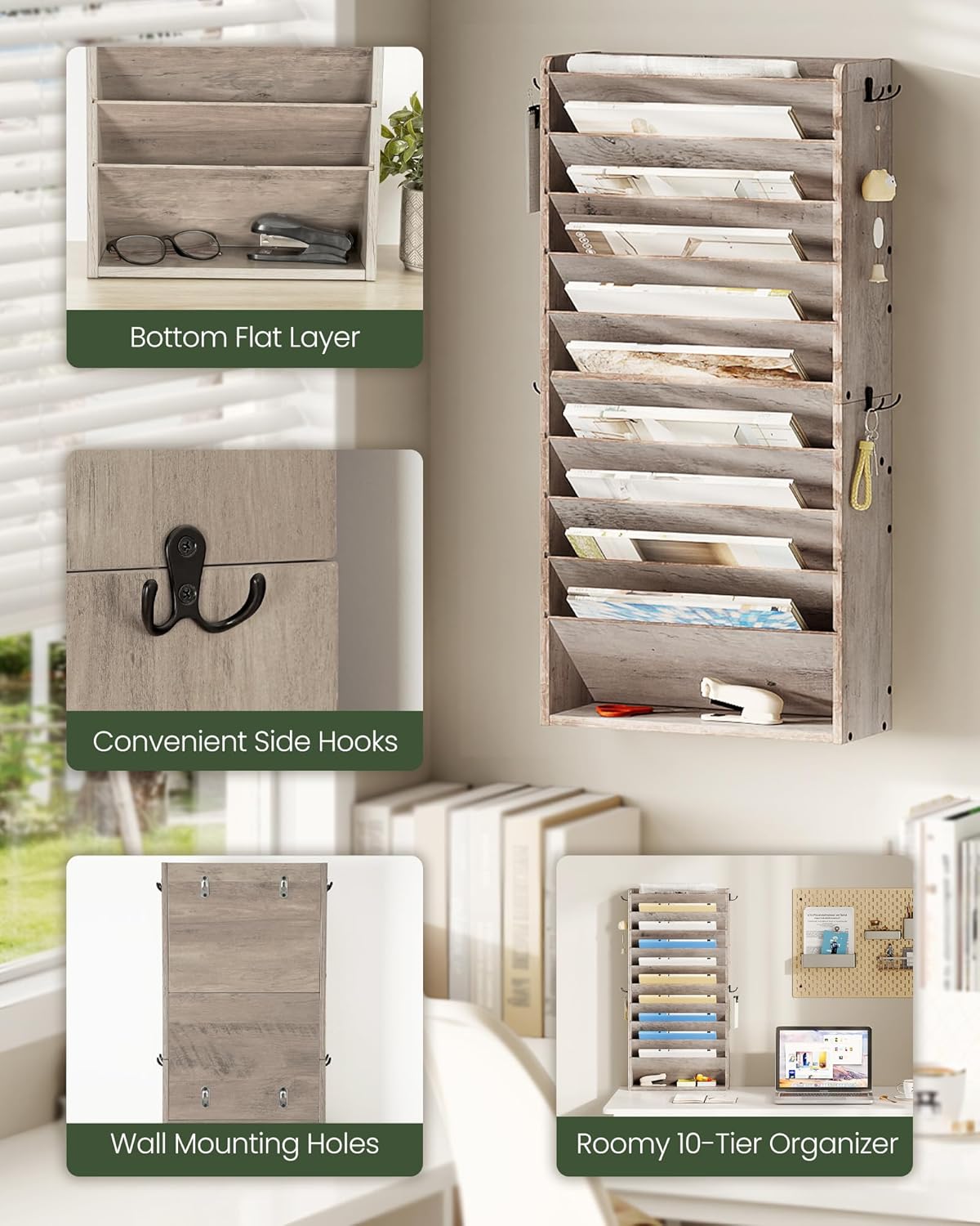 Wall File Organizer, 10-Tier Hanging Mail Organizer, Wall Mount File Holder with 4 Side Hooks, Mail and Storage Organizer, Wooden Vertical Hanging Holder for Office, Rustic Brown MWJ03FG