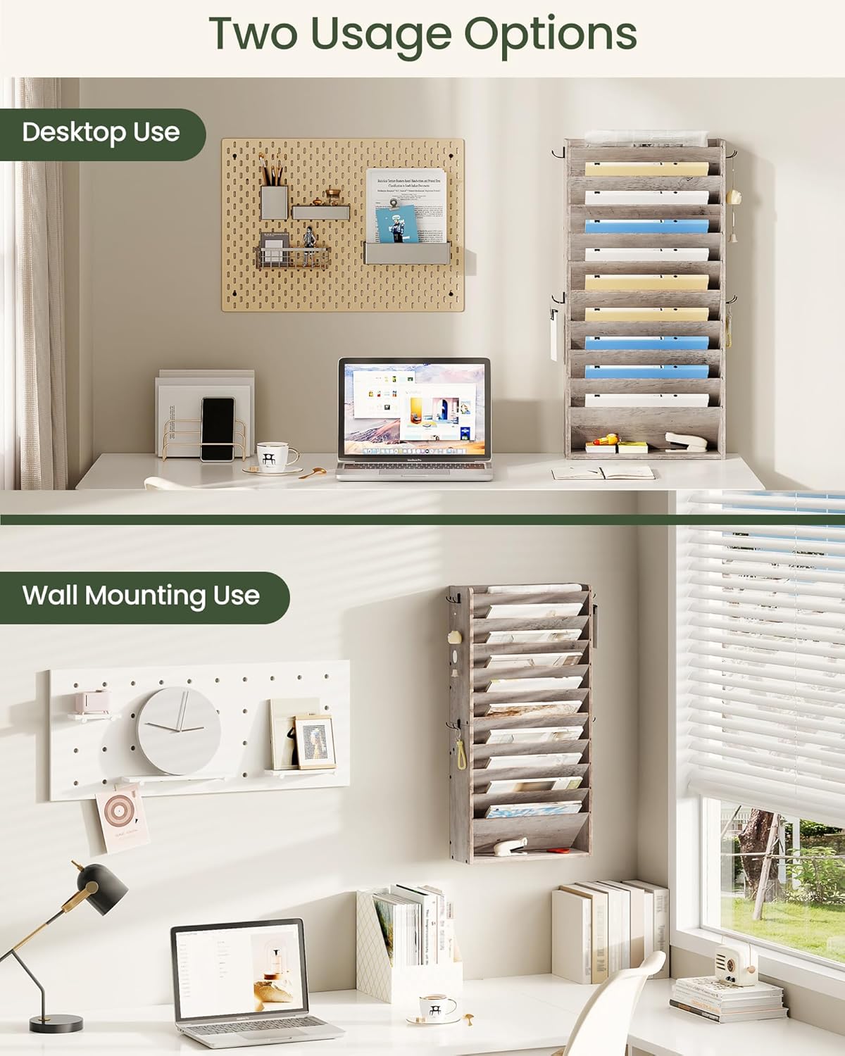 Wall File Organizer, 10-Tier Hanging Mail Organizer, Wall Mount File Holder with 4 Side Hooks, Mail and Storage Organizer, Wooden Vertical Hanging Holder for Office, Rustic Brown MWJ03FG