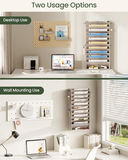Wall File Organizer, 10-Tier Hanging Mail Organizer, Wall Mount File Holder with 4 Side Hooks, Mail and Storage Organizer, Wooden Vertical Hanging Holder for Office, Rustic Brown MWJ03FG