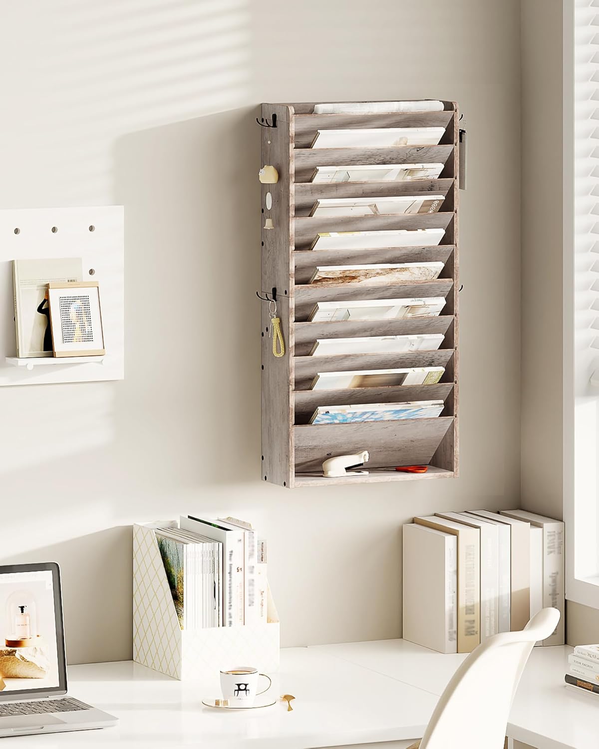 Wall File Organizer, 10-Tier Hanging Mail Organizer, Wall Mount File Holder with 4 Side Hooks, Mail and Storage Organizer, Wooden Vertical Hanging Holder for Office, Rustic Brown MWJ03FG