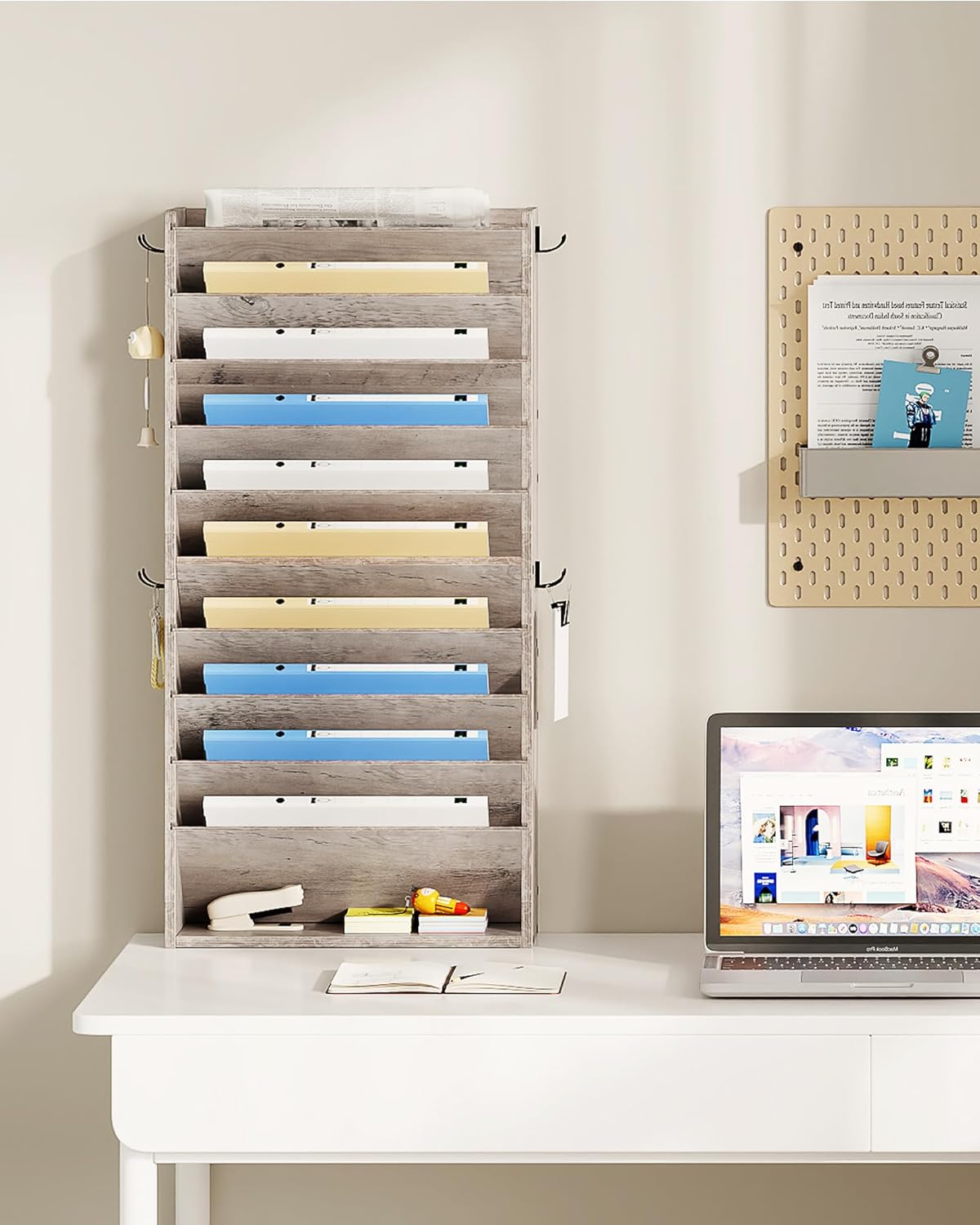 Wall File Organizer, 10-Tier Hanging Mail Organizer, Wall Mount File Holder with 4 Side Hooks, Mail and Storage Organizer, Wooden Vertical Hanging Holder for Office, Rustic Brown MWJ03FG