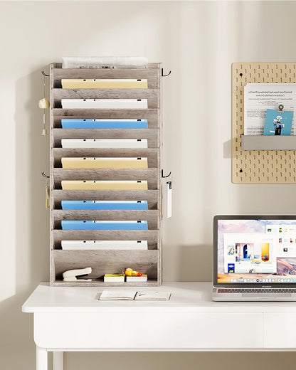 Wall File Organizer, 10-Tier Hanging Mail Organizer, Wall Mount File Holder with 4 Side Hooks, Mail and Storage Organizer, Wooden Vertical Hanging Holder for Office, Rustic Brown MWJ03FG