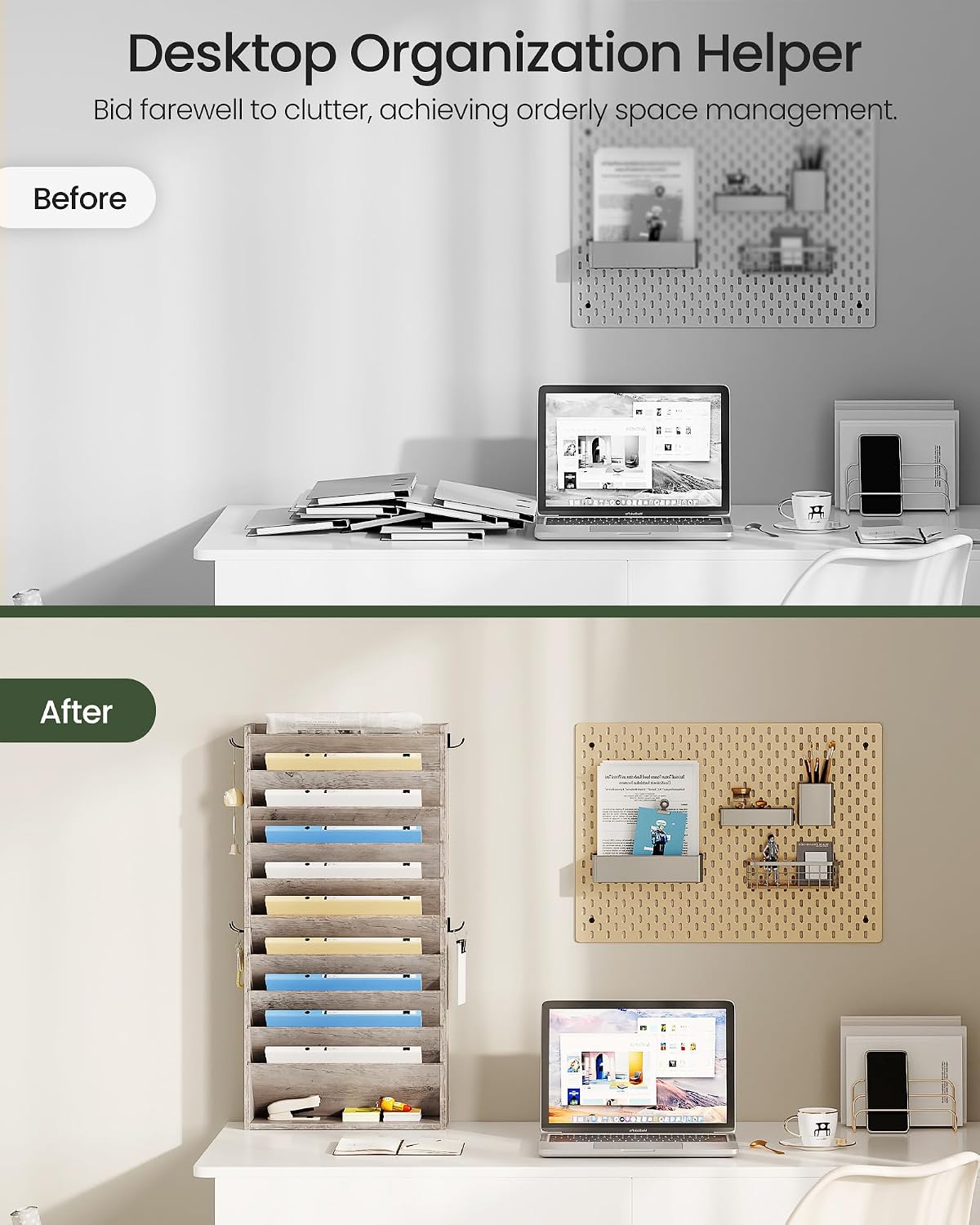 Wall File Organizer, 10-Tier Hanging Mail Organizer, Wall Mount File Holder with 4 Side Hooks, Mail and Storage Organizer, Wooden Vertical Hanging Holder for Office, Rustic Brown MWJ03FG