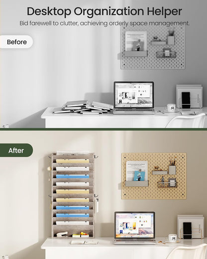 Wall File Organizer, 10-Tier Hanging Mail Organizer, Wall Mount File Holder with 4 Side Hooks, Mail and Storage Organizer, Wooden Vertical Hanging Holder for Office, Rustic Brown MWJ03FG