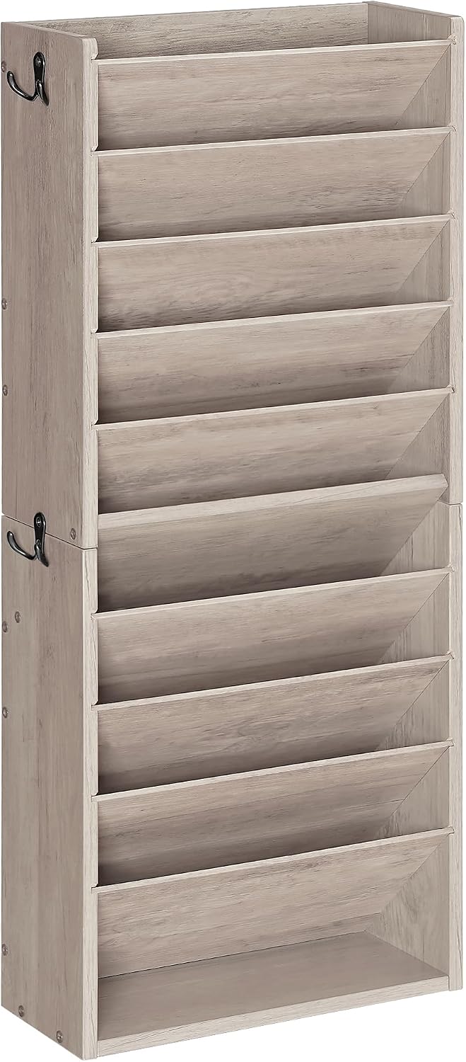 Wall File Organizer, 10-Tier Hanging Mail Organizer, Wall Mount File Holder with 4 Side Hooks, Mail and Storage Organizer, Wooden Vertical Hanging Holder for Office, Rustic Brown MWJ03FG