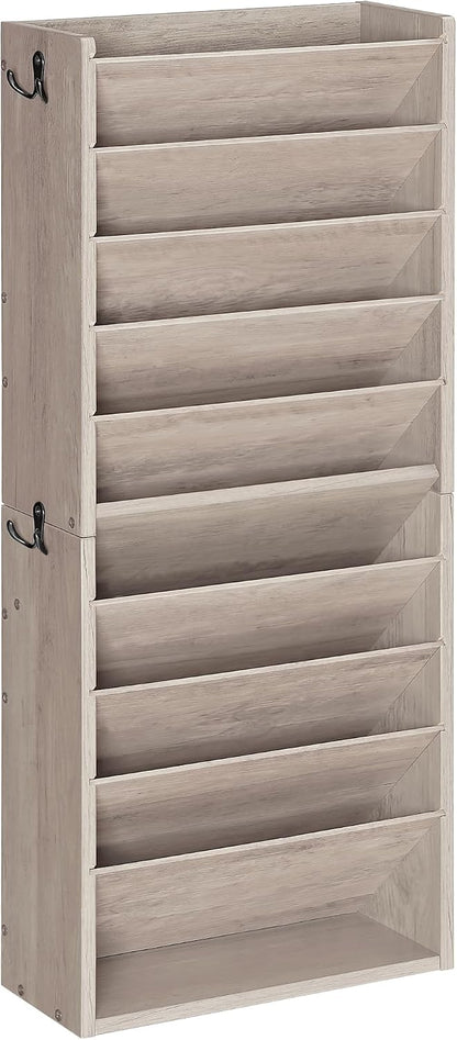 Wall File Organizer, 10-Tier Hanging Mail Organizer, Wall Mount File Holder with 4 Side Hooks, Mail and Storage Organizer, Wooden Vertical Hanging Holder for Office, Rustic Brown MWJ03FG