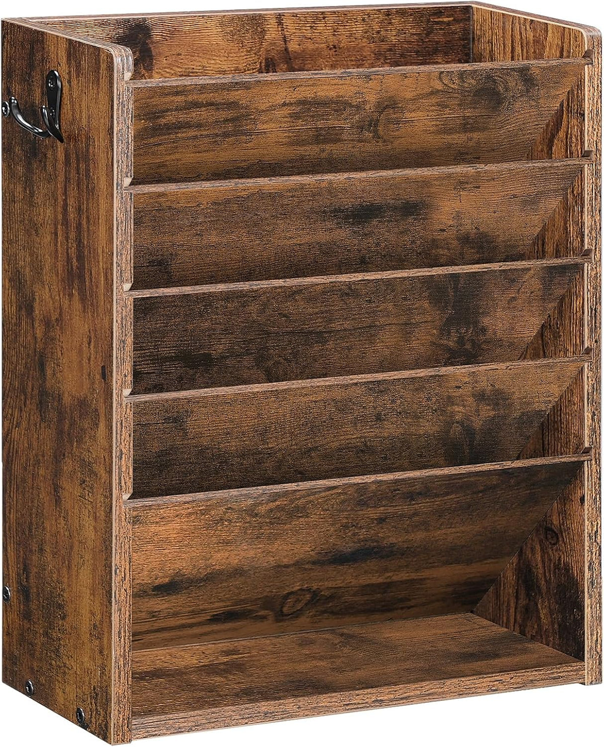 Wall File Organizer, 10-Tier Hanging Mail Organizer, Wall Mount File Holder with 4 Side Hooks, Mail and Storage Organizer, Wooden Vertical Hanging Holder for Office, Rustic Brown MWJ03FG